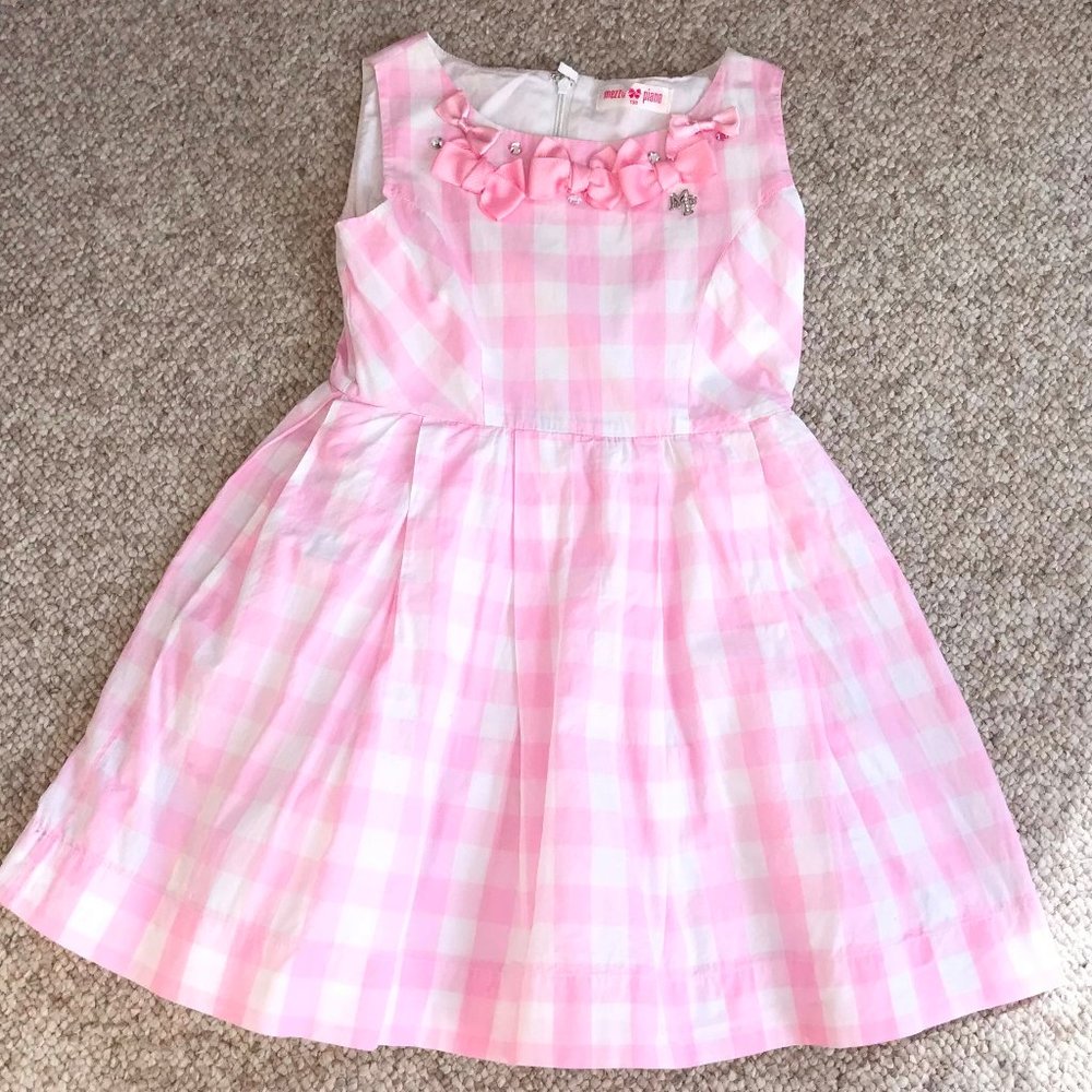 Mezzo Piano Japan Brand Girls Pink White Plaid Bow Flared Dress 130 6 7 8
